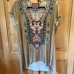 Johnny Was Tan Tunic with Colorful Embroidery